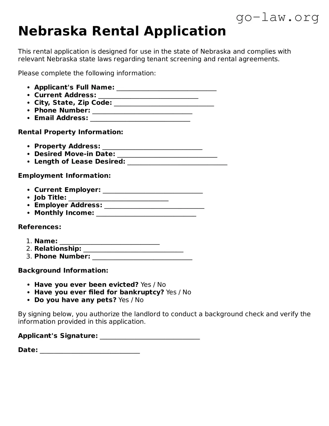 Fillable Nebraska Rental Application Form