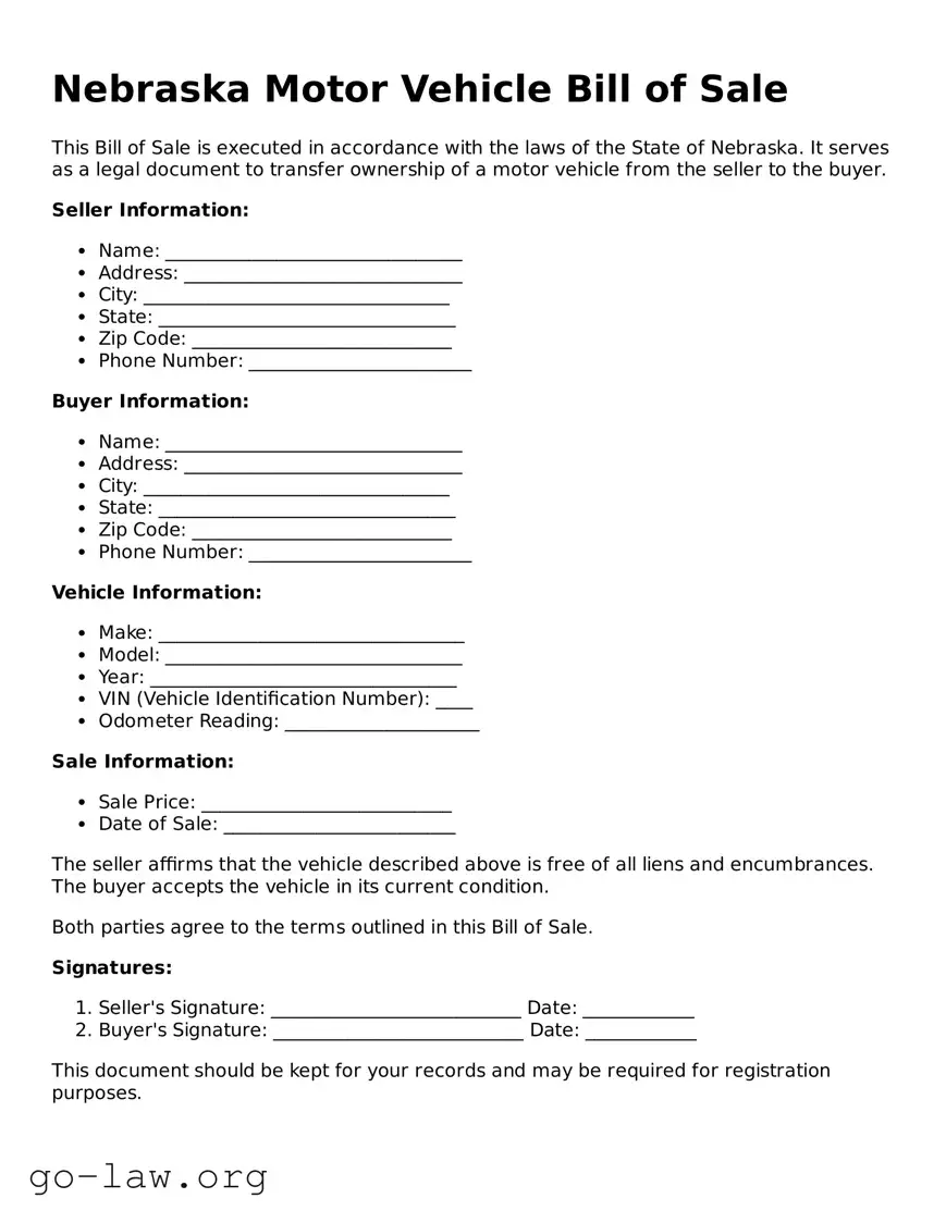 Fillable Nebraska Motor Vehicle Bill of Sale Form