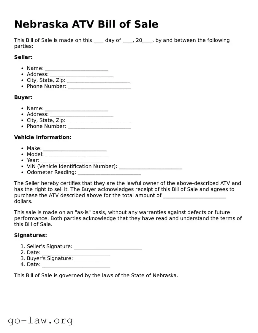 Fillable Nebraska ATV Bill of Sale Form