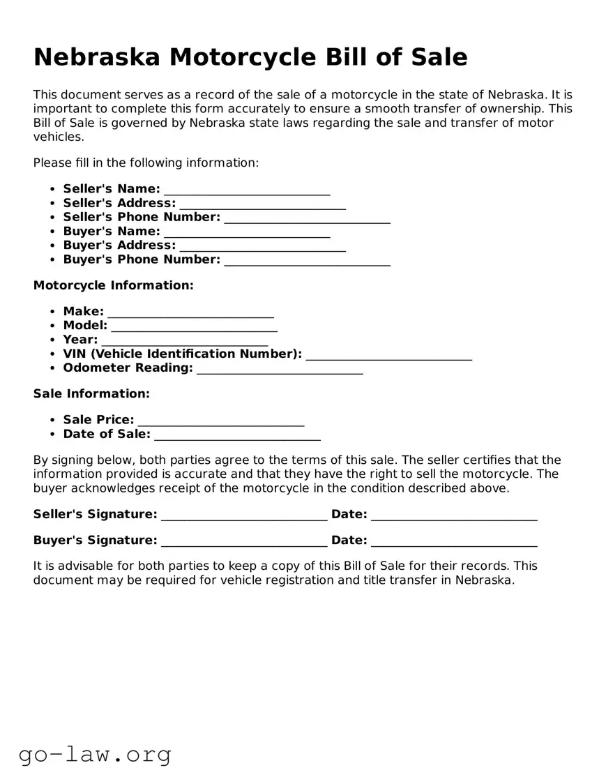 Fillable Nebraska Motorcycle Bill of Sale Form