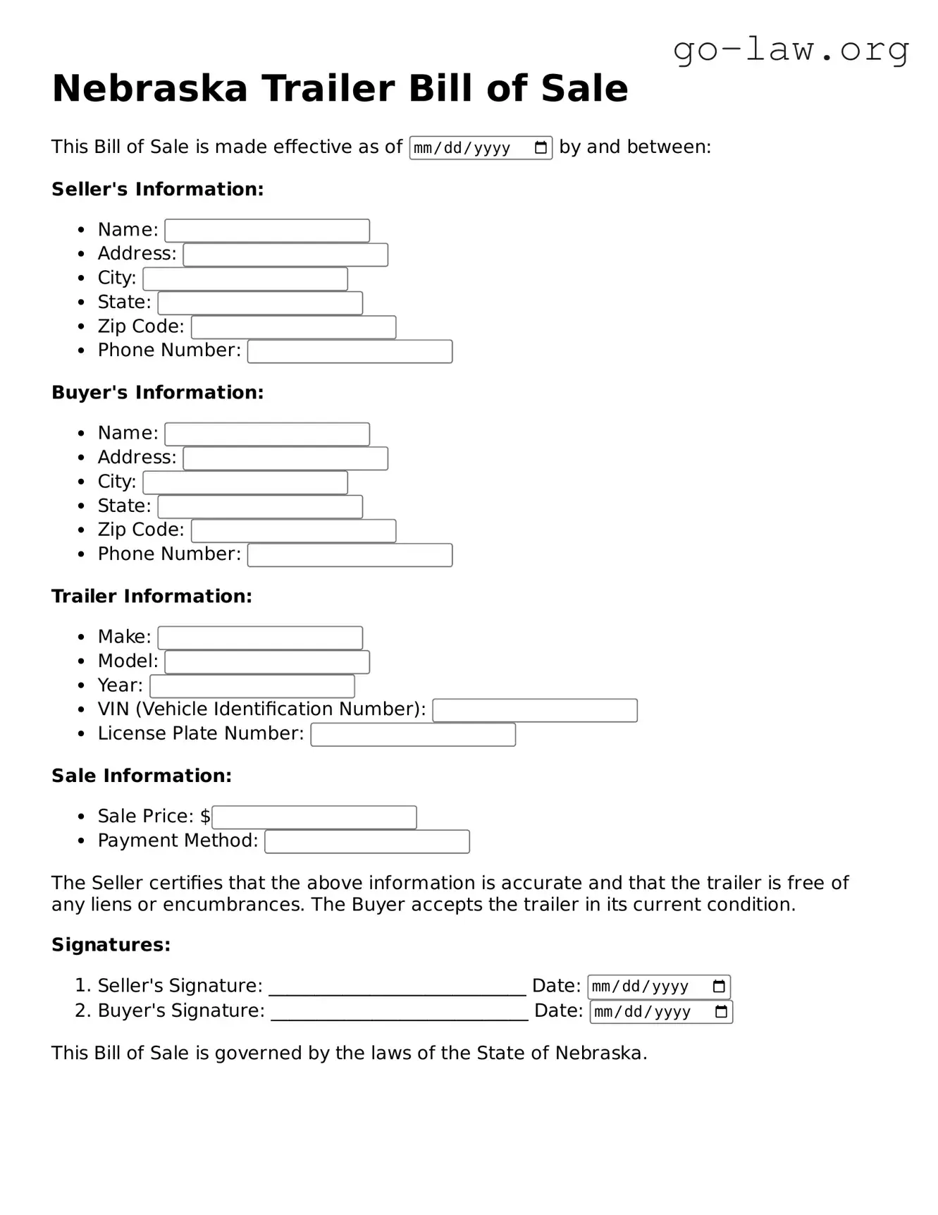 Fillable Nebraska Trailer Bill of Sale Form