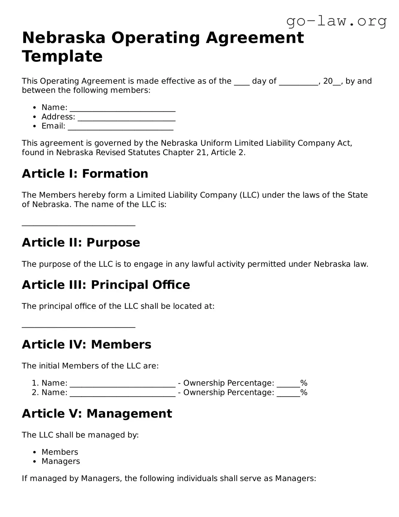 Fillable Nebraska Operating Agreement Form