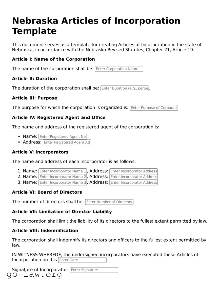 Fillable Nebraska Articles of Incorporation Form