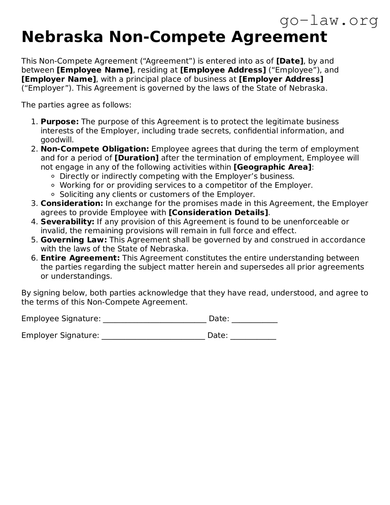 Fillable Nebraska Non-compete Agreement Form