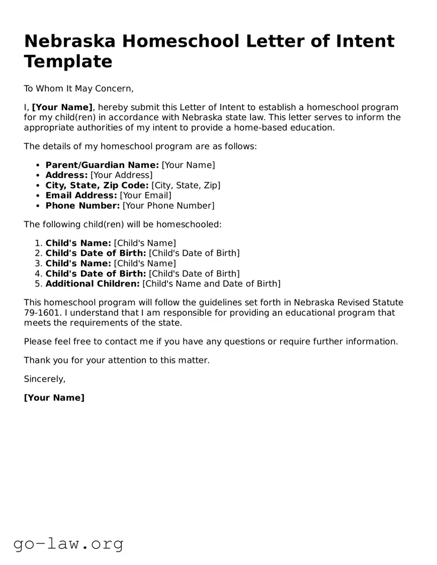 Fillable Nebraska Homeschool Letter of Intent Form