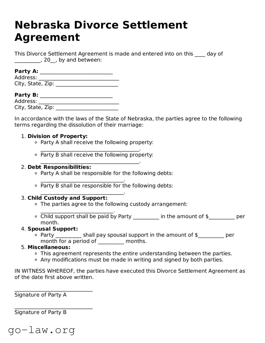 Fillable Nebraska Divorce Settlement Agreement Form