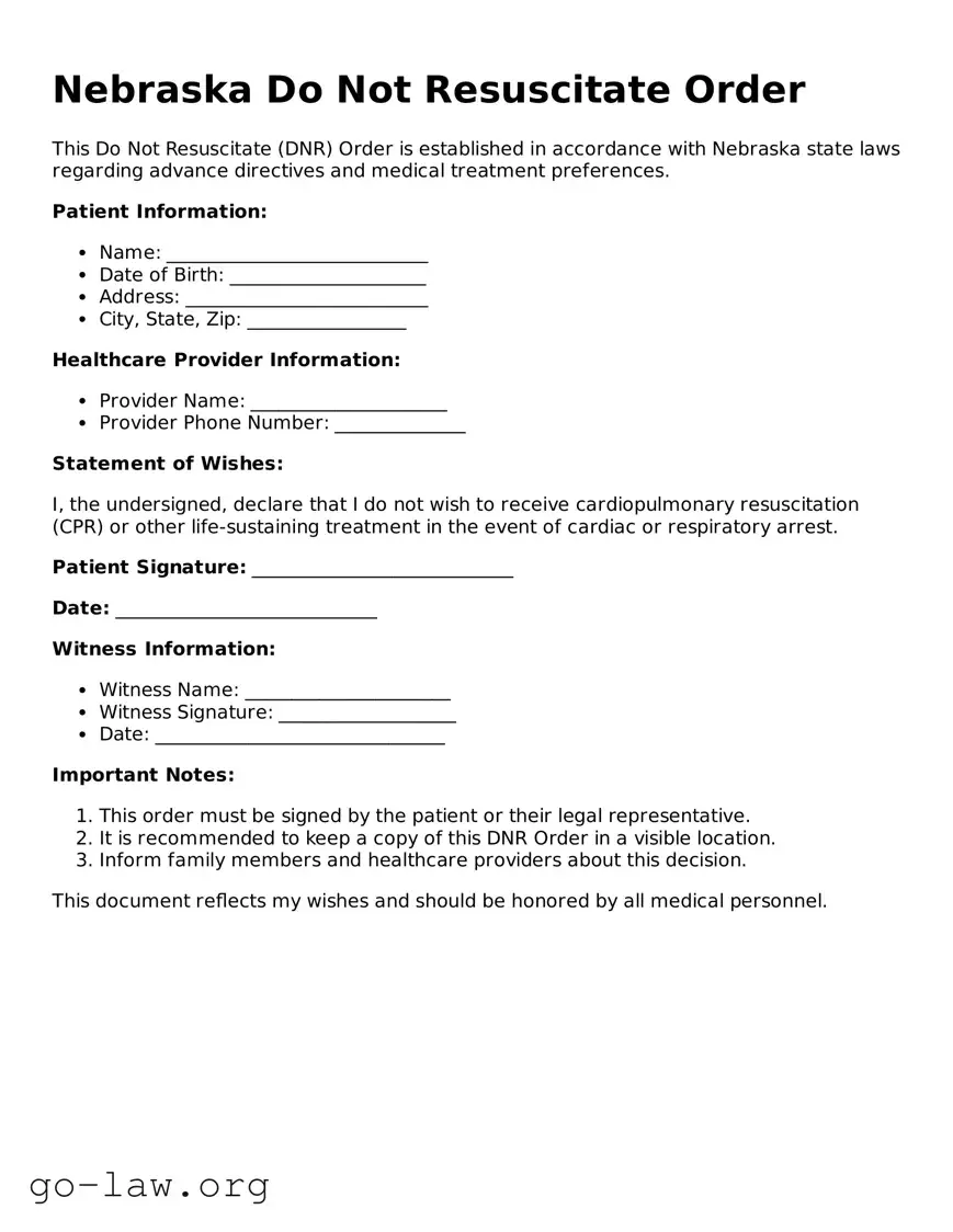 Fillable Nebraska Do Not Resuscitate Order Form