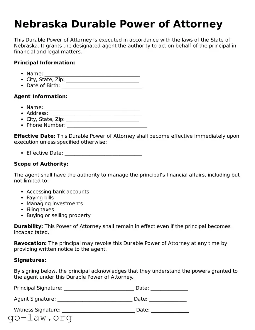 Fillable Nebraska Durable Power of Attorney Form