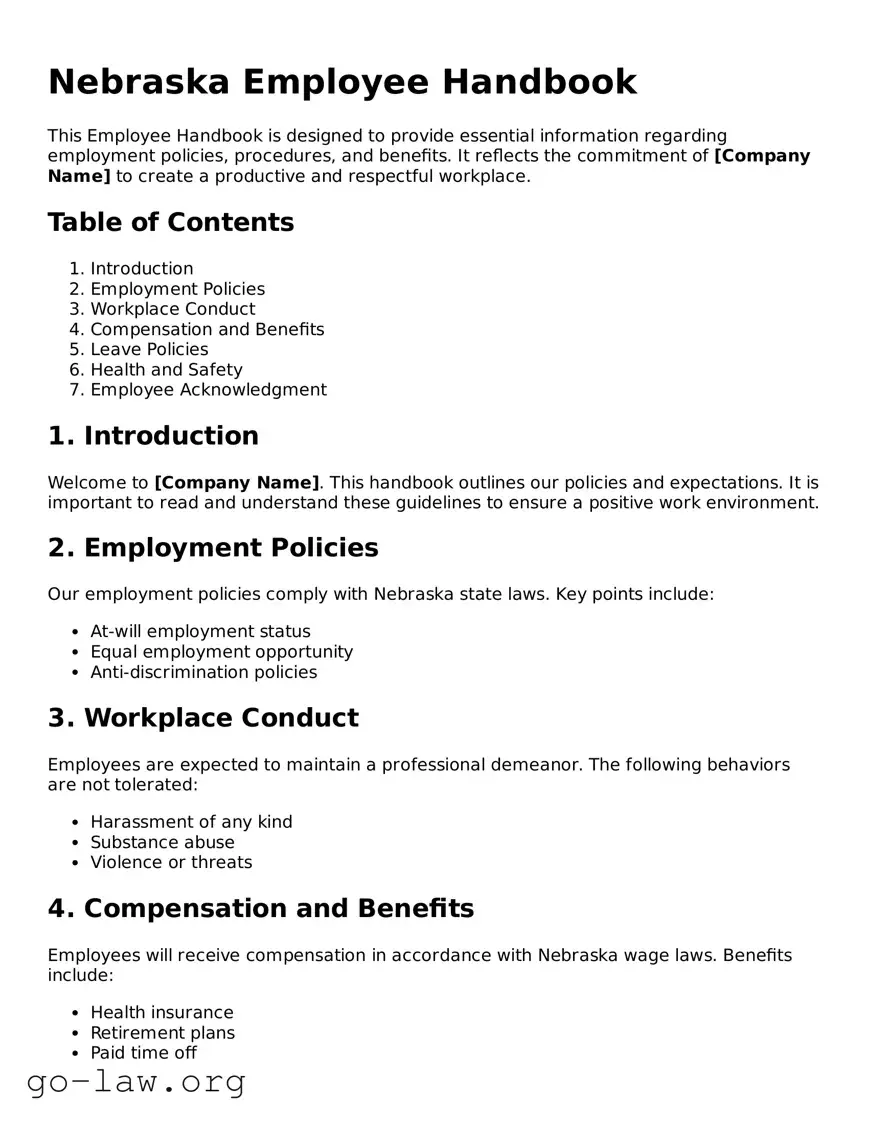 Fillable Nebraska Employee Handbook Form