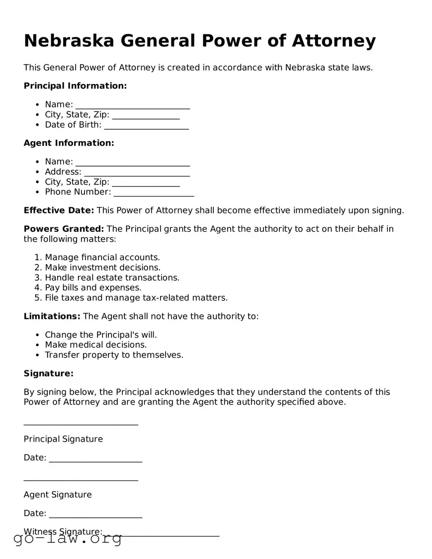 Fillable Nebraska General Power of Attorney Form