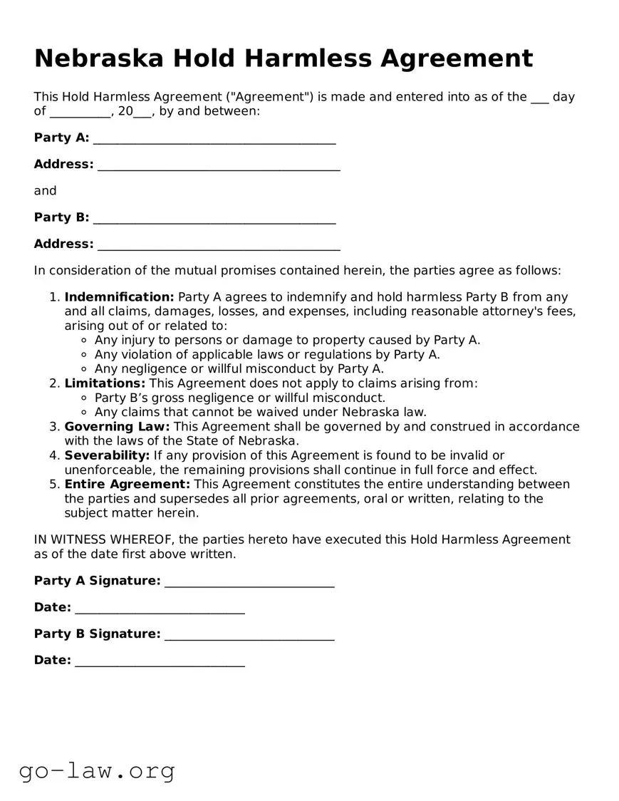 Fillable Nebraska Hold Harmless Agreement Form