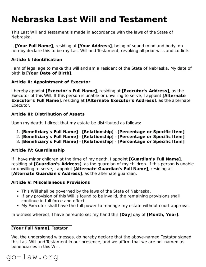 Fillable Nebraska Last Will and Testament Form