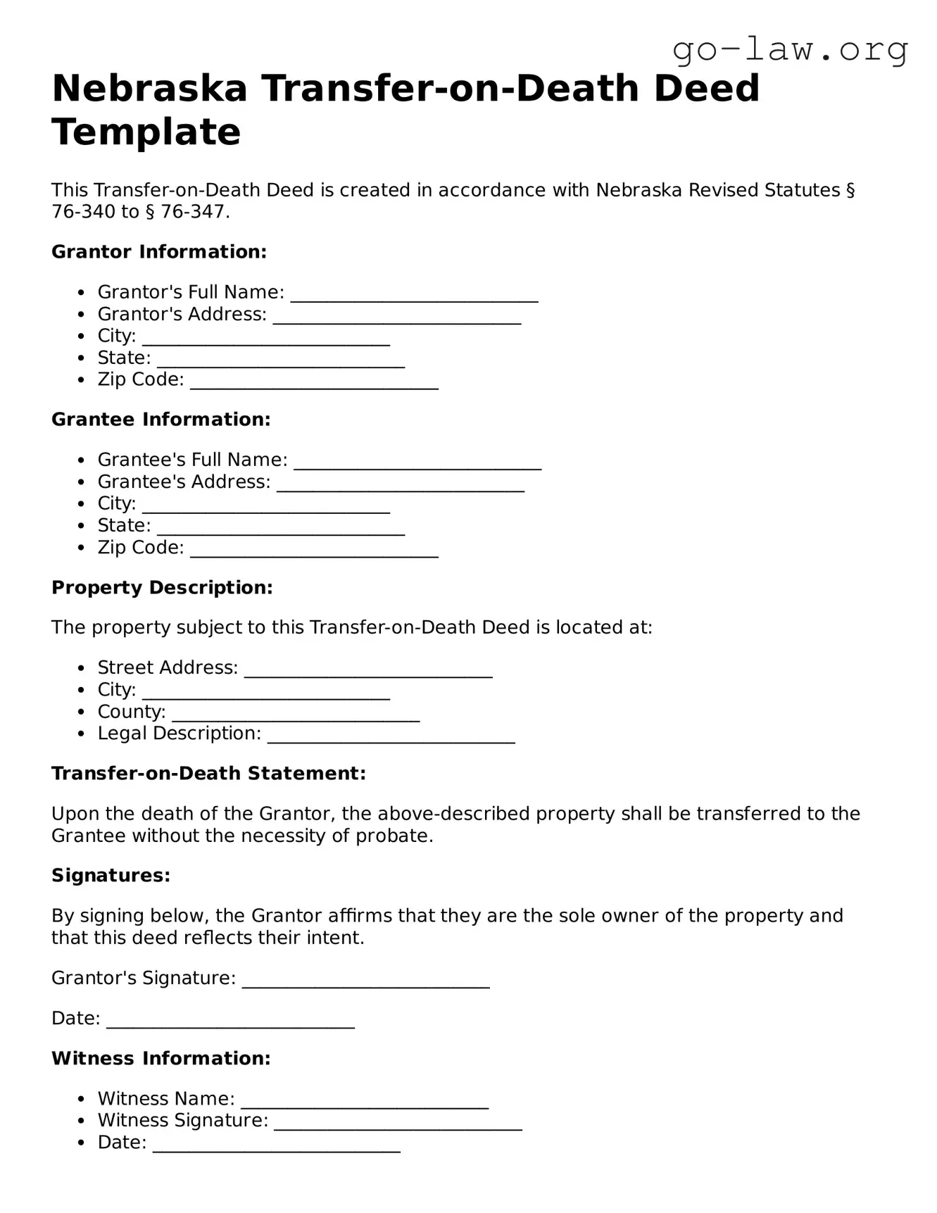 Fillable Nebraska Transfer-on-Death Deed Form