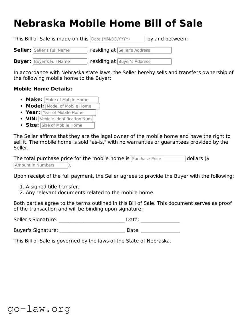 Fillable Nebraska Mobile Home Bill of Sale Form
