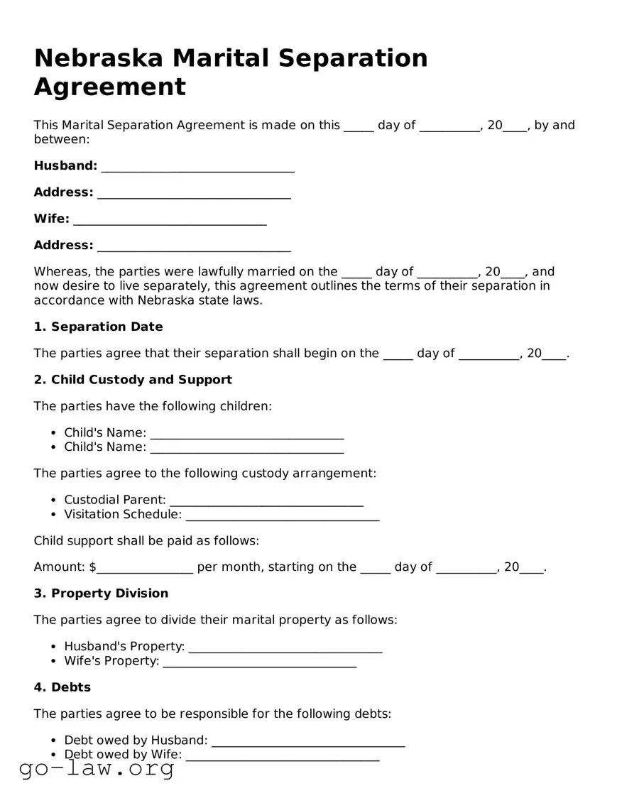 Fillable Nebraska Marital Separation Agreement Form