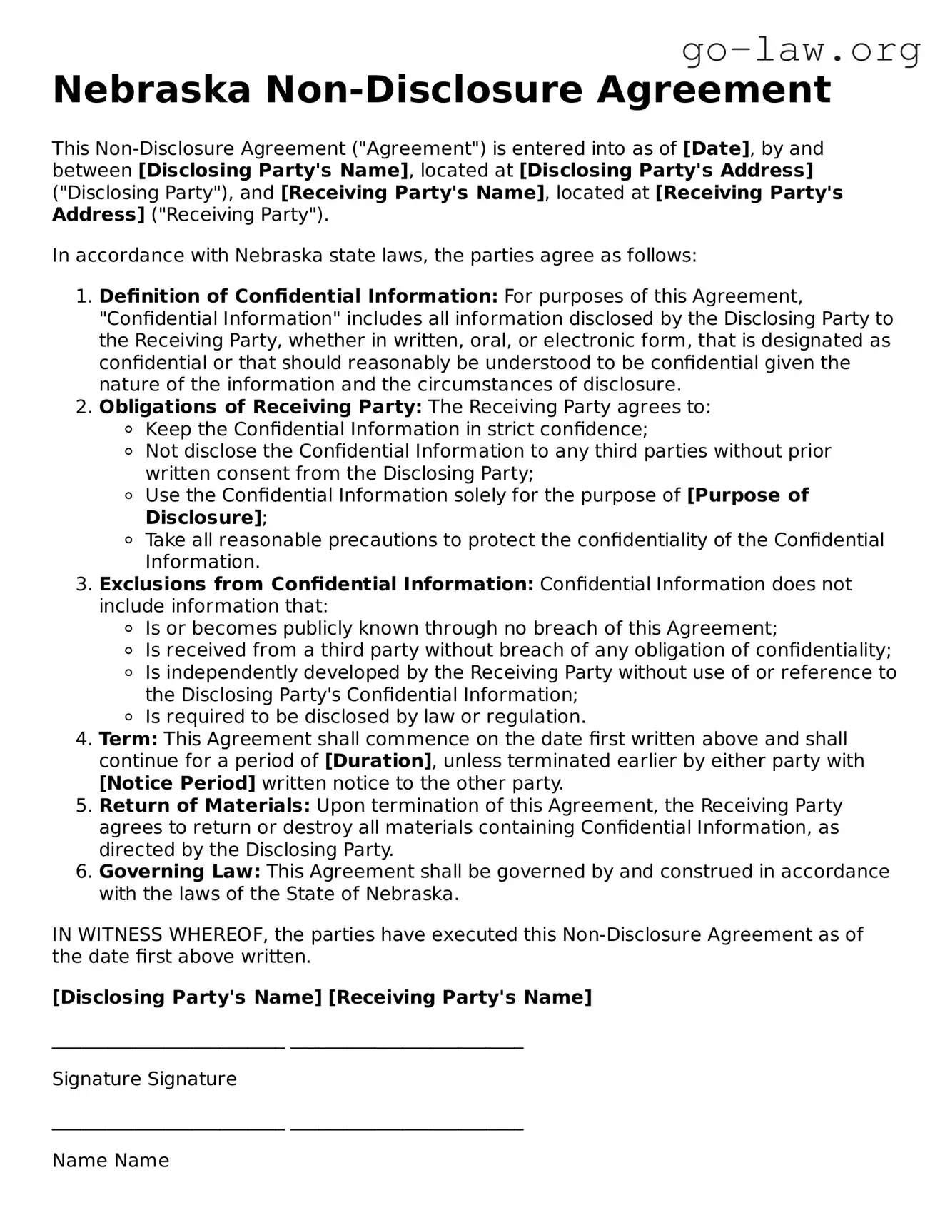 Fillable Nebraska Non-disclosure Agreement Form