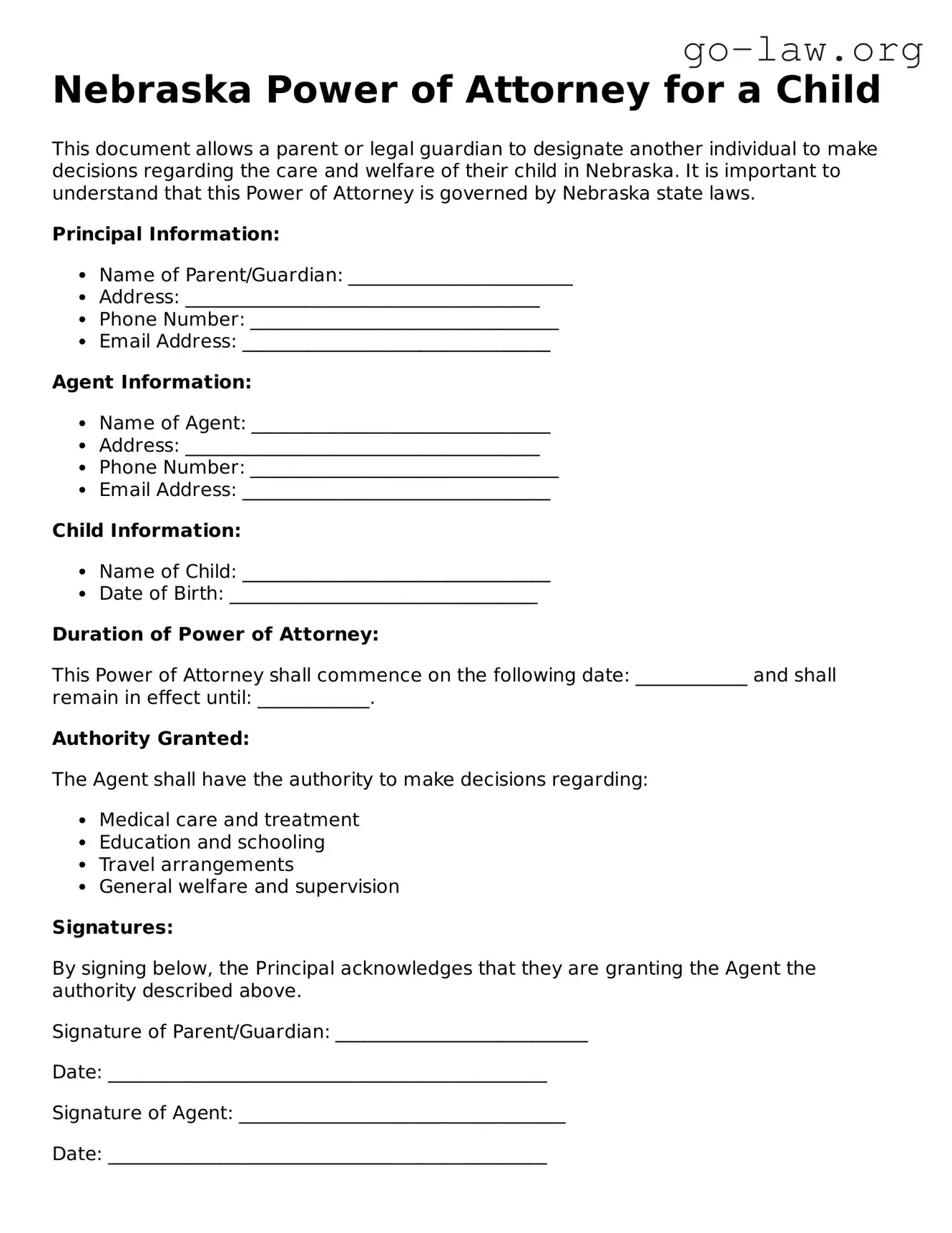 Fillable Nebraska Power of Attorney for a Child Form
