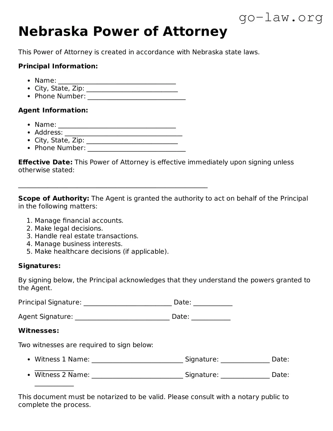 Fillable Nebraska Power of Attorney Form