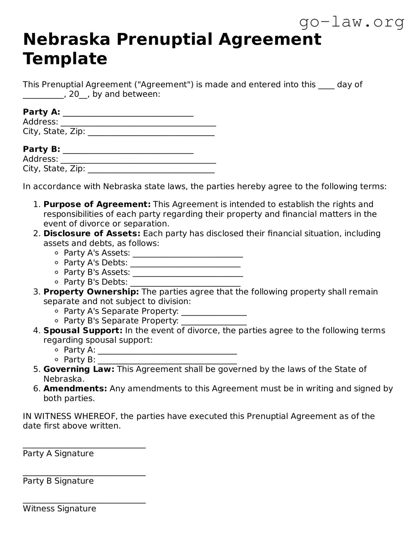 Fillable Nebraska Prenuptial Agreement Form