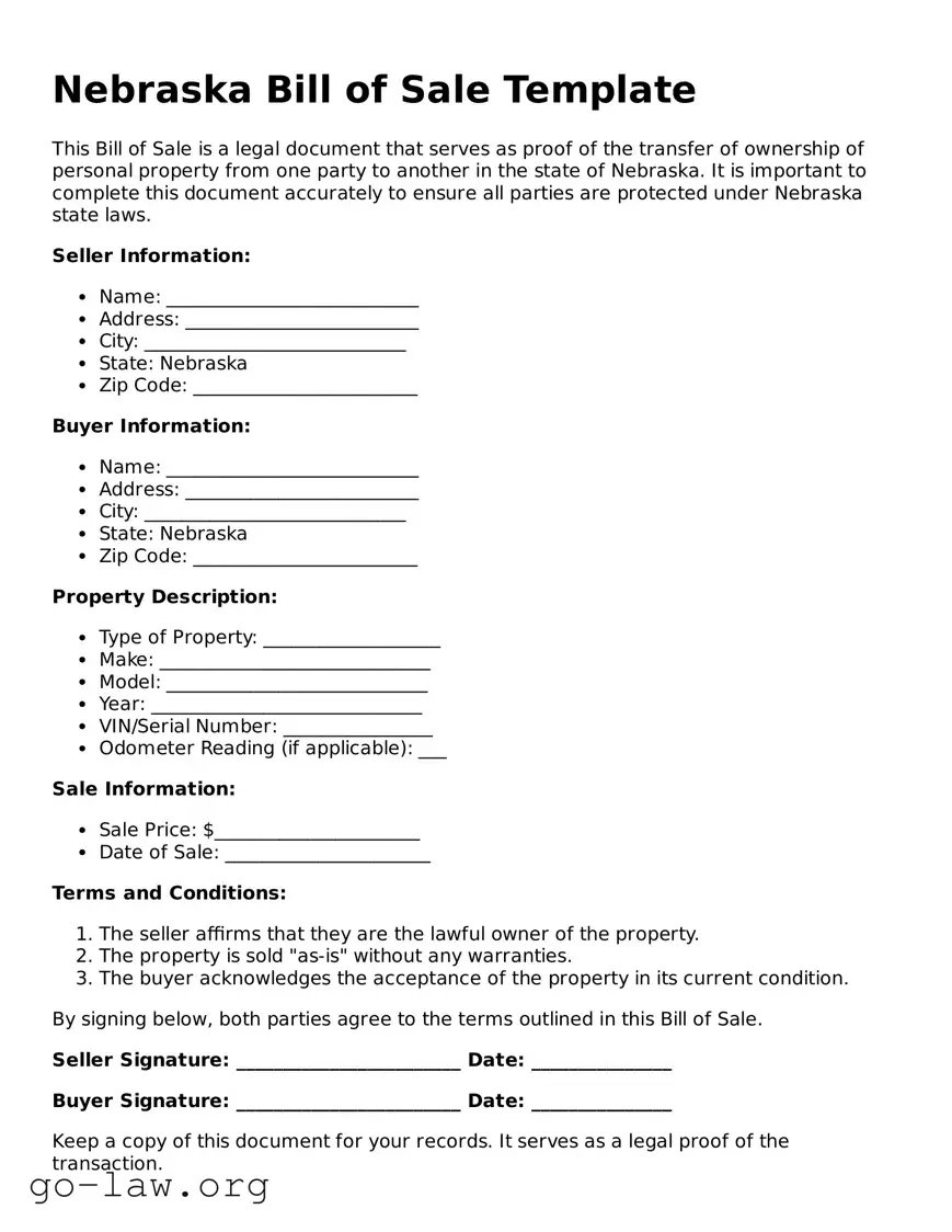 Fillable Nebraska Bill of Sale Form