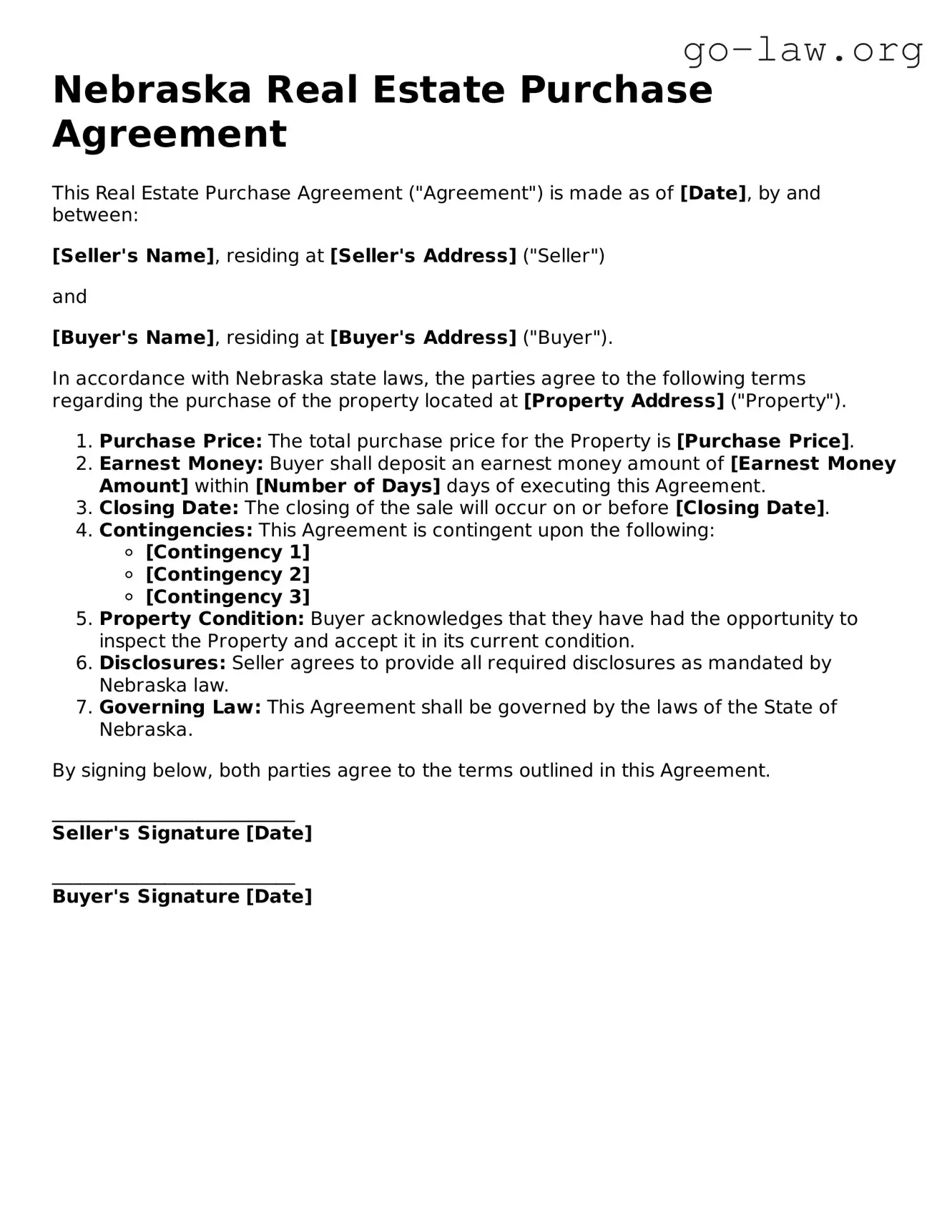 Fillable Nebraska Real Estate Purchase Agreement Form