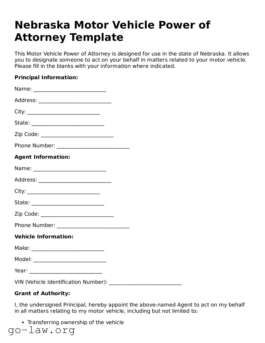 Fillable Nebraska Motor Vehicle Power of Attorney Form