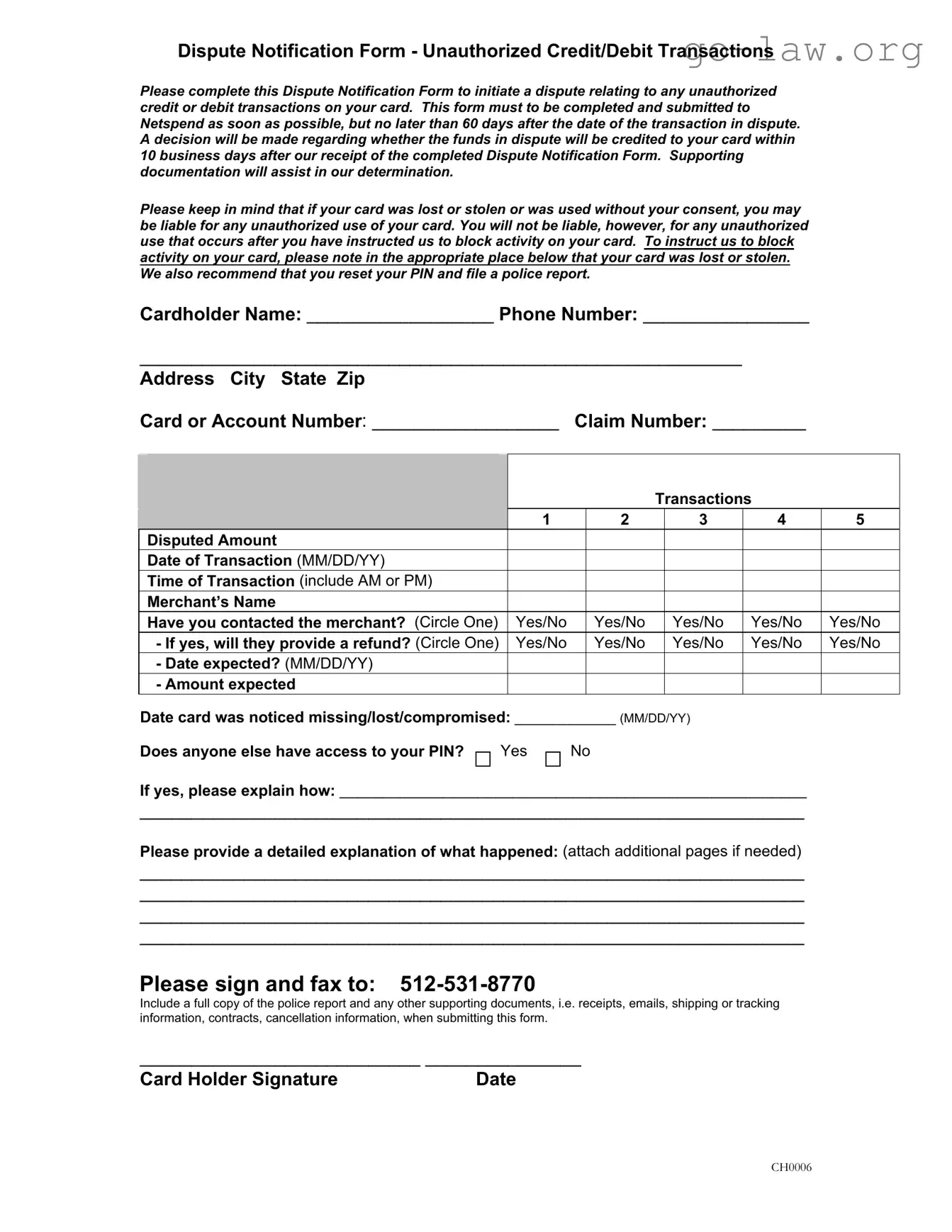 Download Netspend Dispute Form in PDF