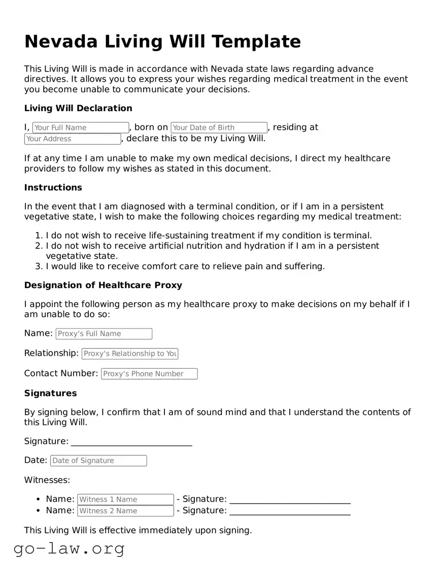 Fillable Nevada Living Will Form