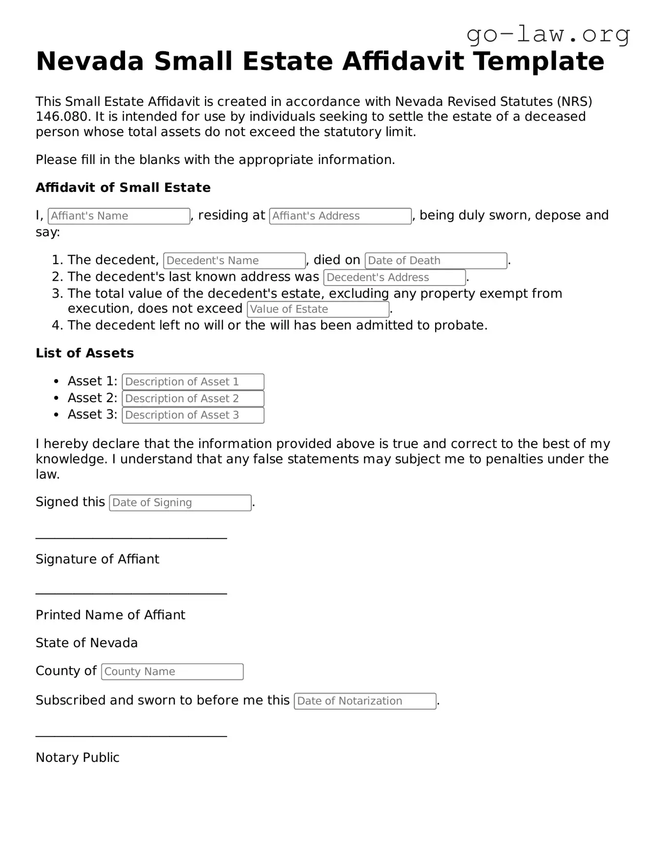 Fillable Nevada Small Estate Affidavit Form