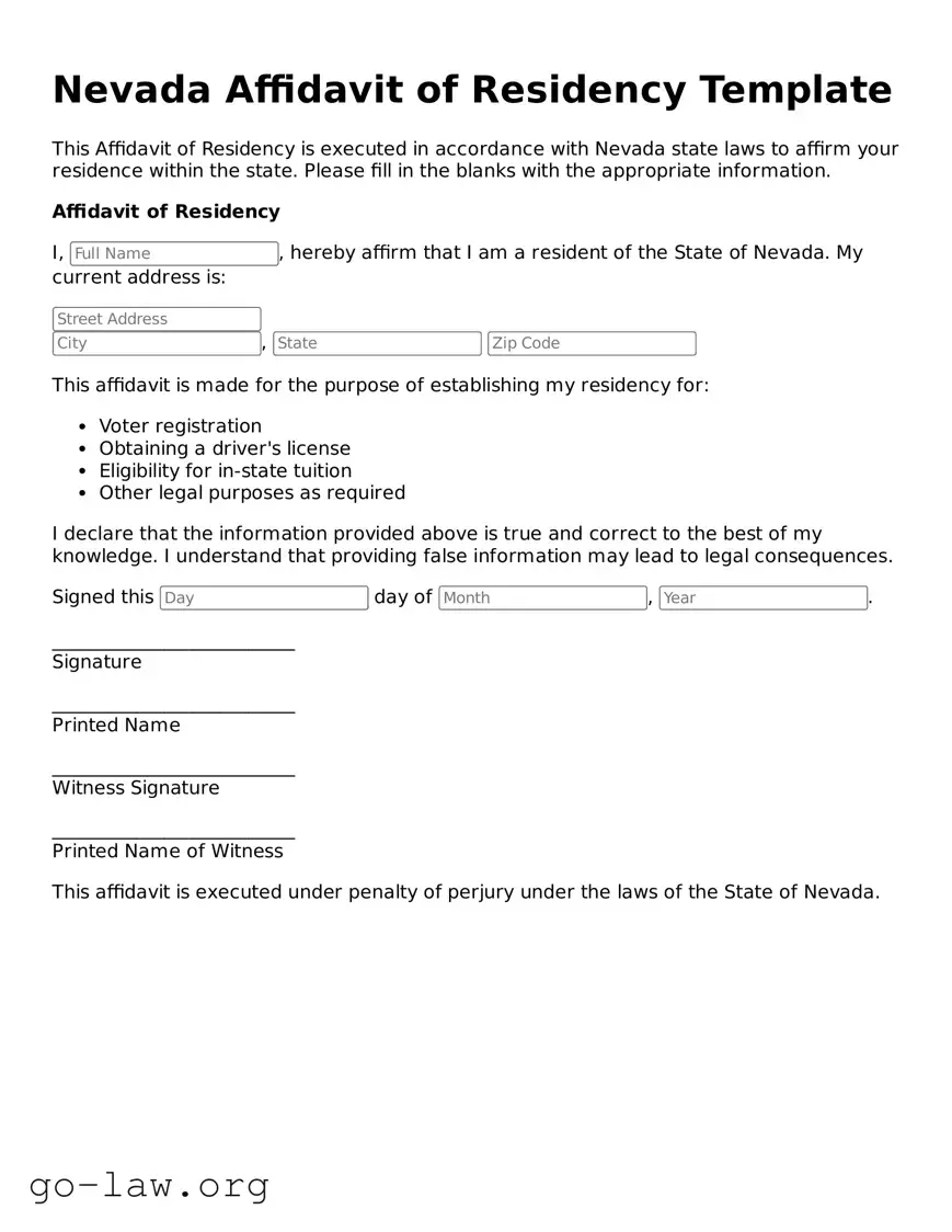 Fillable Nevada Affidavit of Residency Form