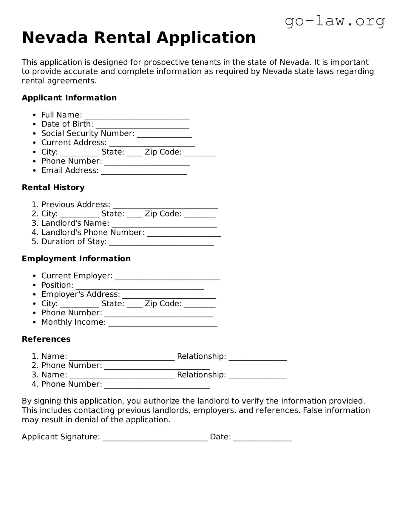 Fillable Nevada Rental Application Form