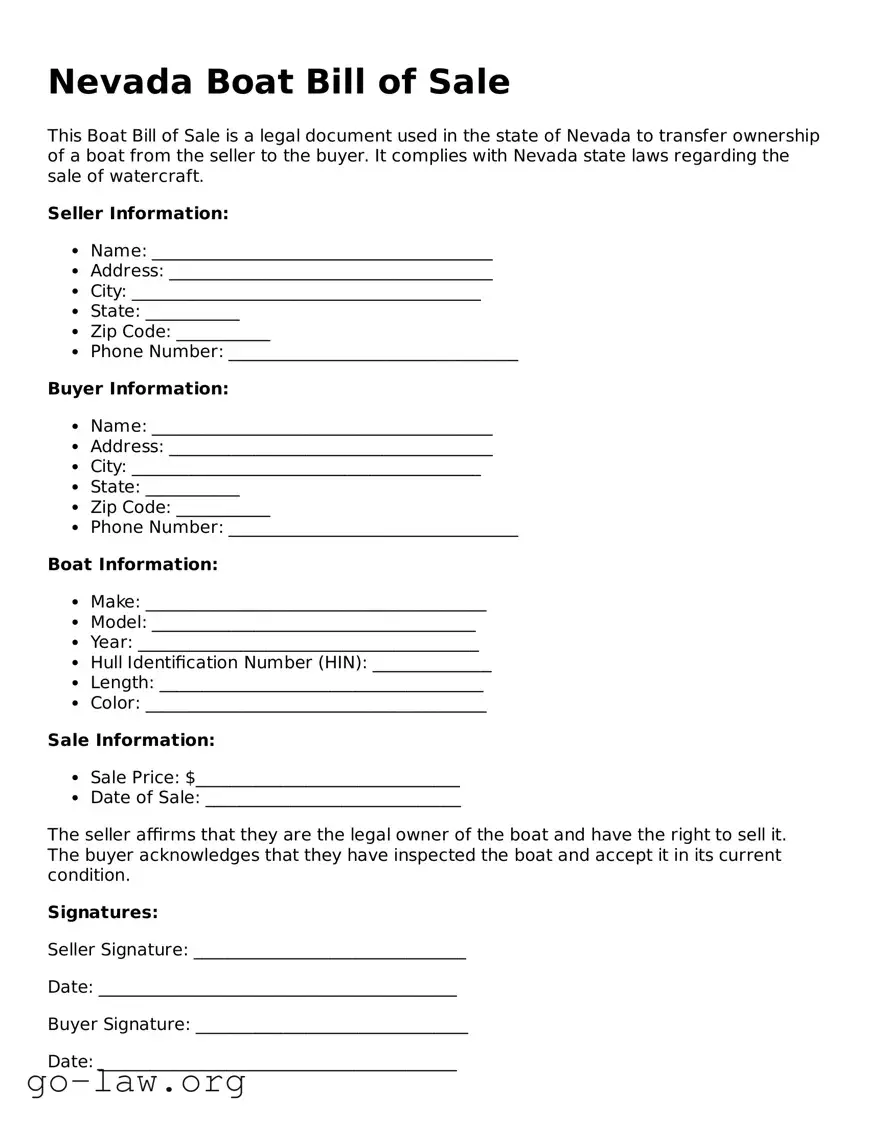 Fillable Nevada Boat Bill of Sale Form