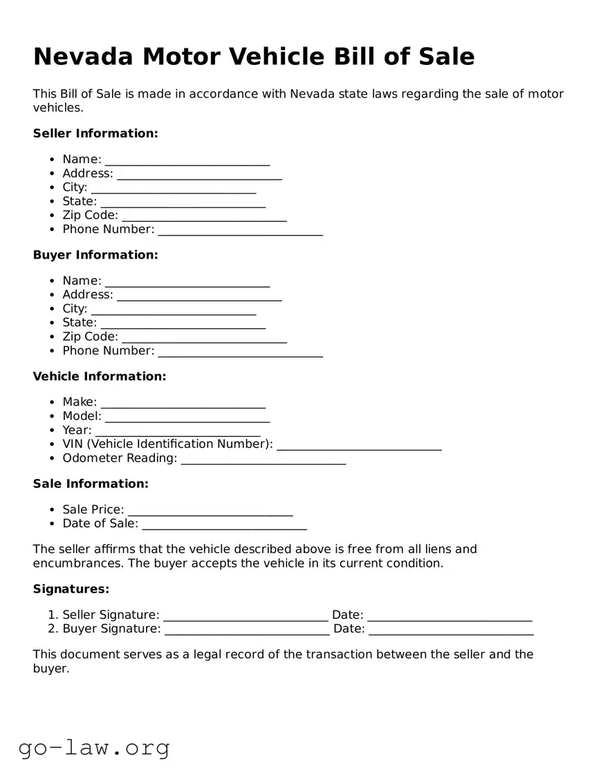 Fillable Nevada Motor Vehicle Bill of Sale Form