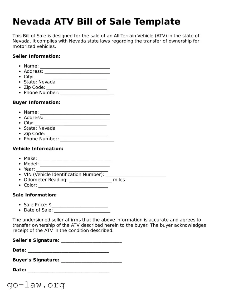 Fillable Nevada ATV Bill of Sale Form