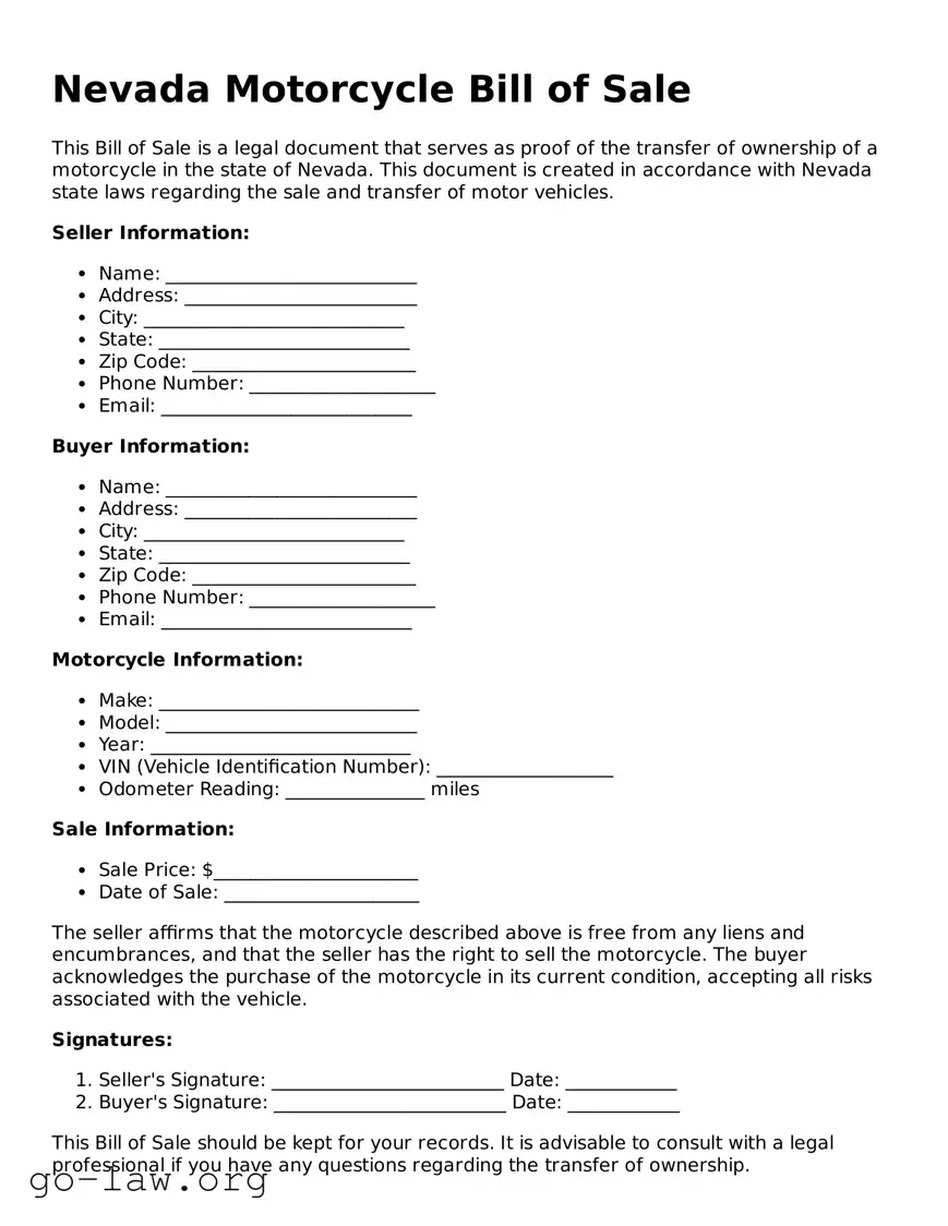Fillable Nevada Motorcycle Bill of Sale Form