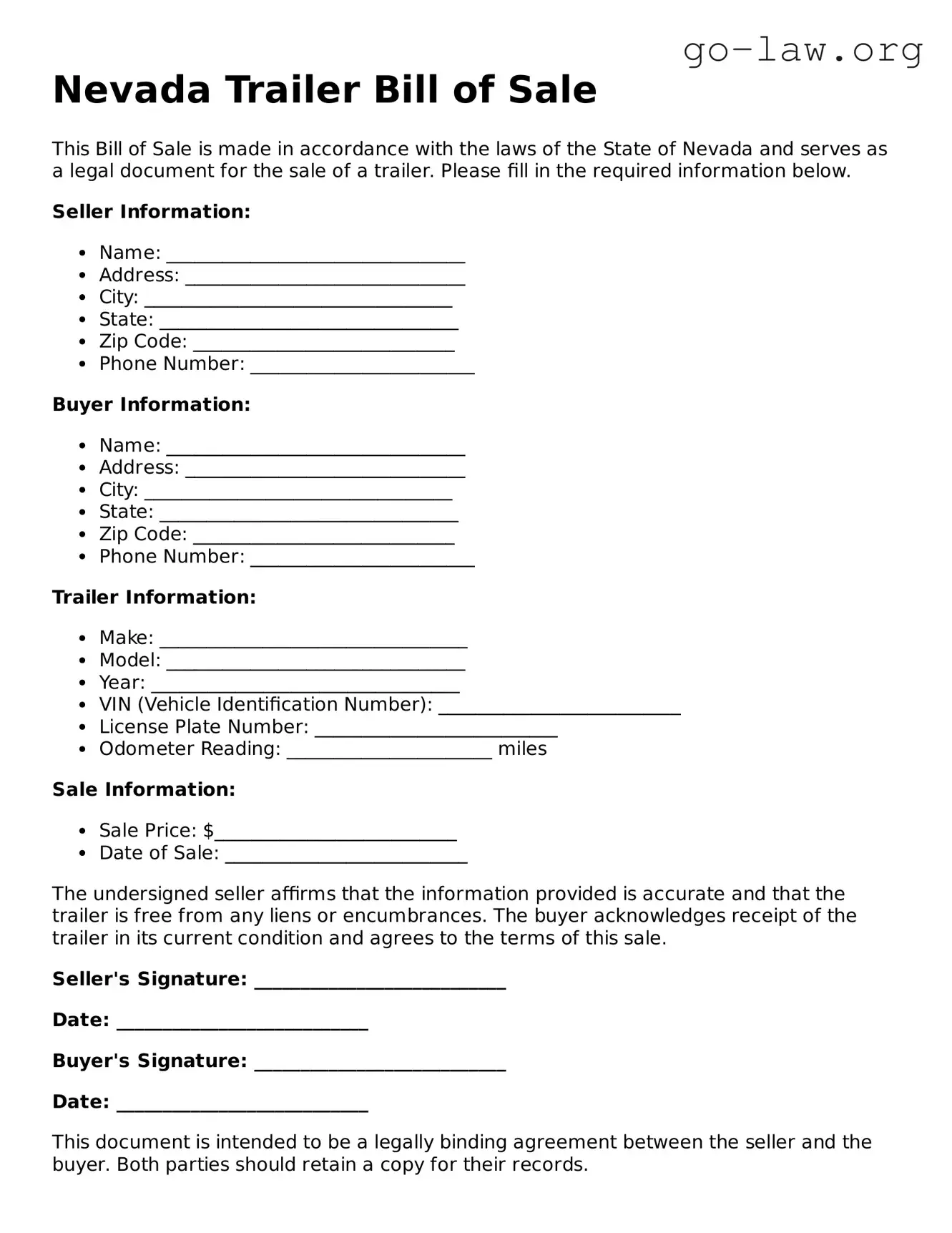Fillable Nevada Trailer Bill of Sale Form