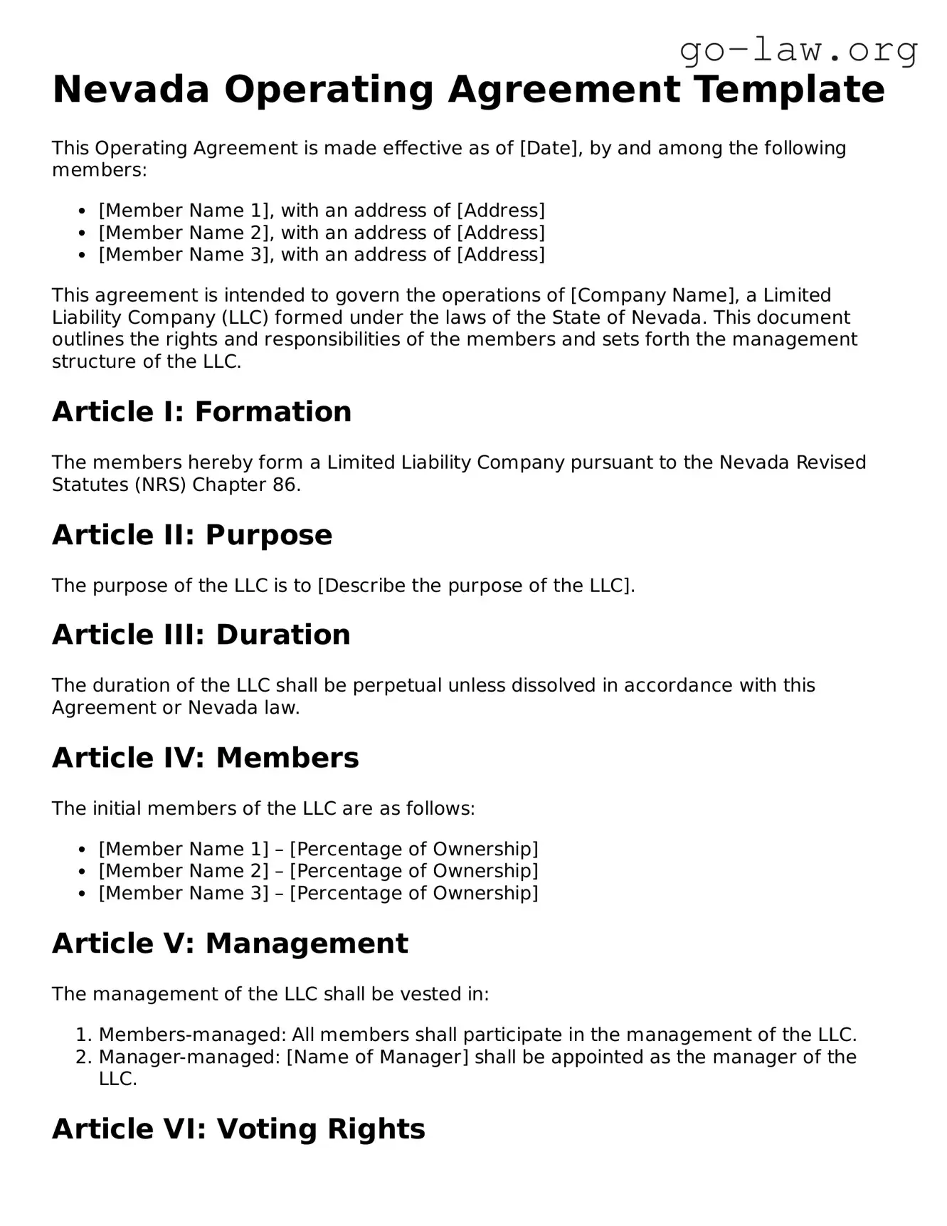 Fillable Nevada Operating Agreement Form