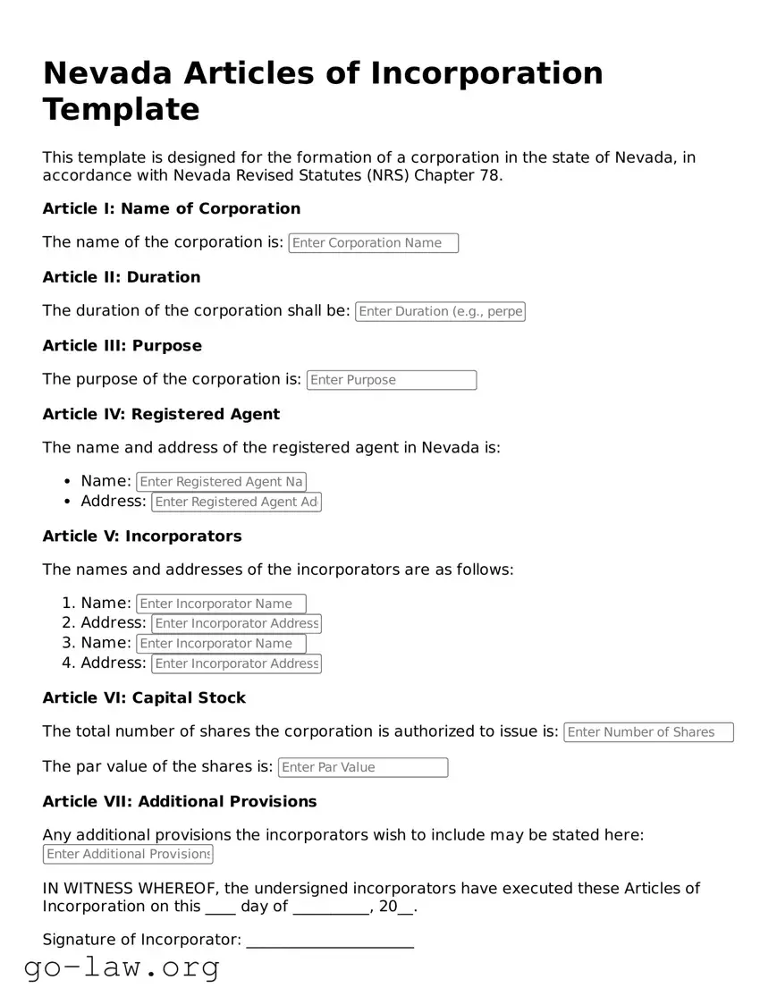 Fillable Nevada Articles of Incorporation Form
