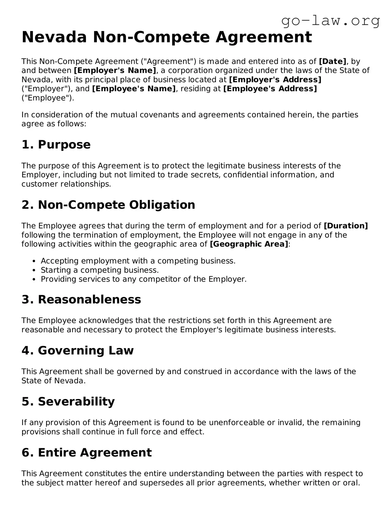 Fillable Nevada Non-compete Agreement Form