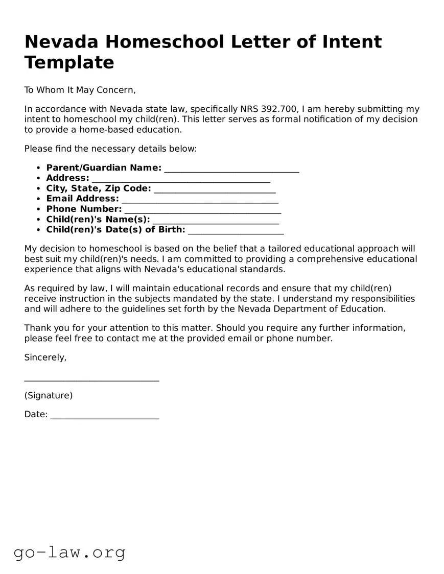 Fillable Nevada Homeschool Letter of Intent Form