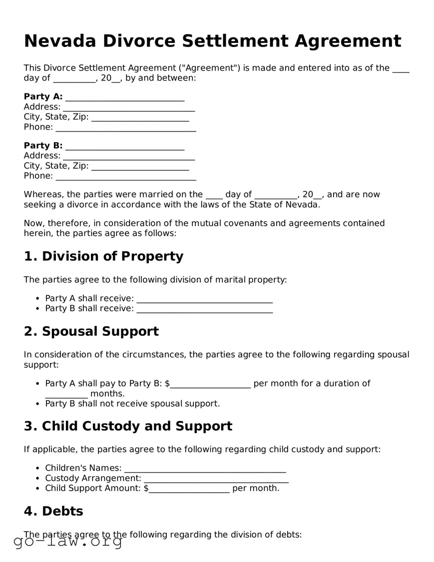 Fillable Nevada Divorce Settlement Agreement Form