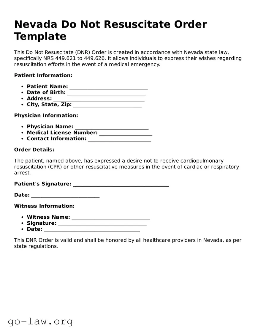 Fillable Nevada Do Not Resuscitate Order Form