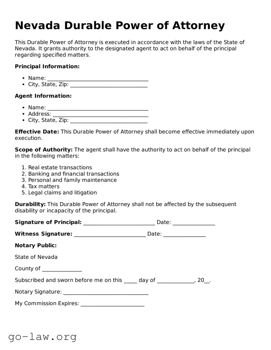 Fillable Nevada Durable Power of Attorney Form