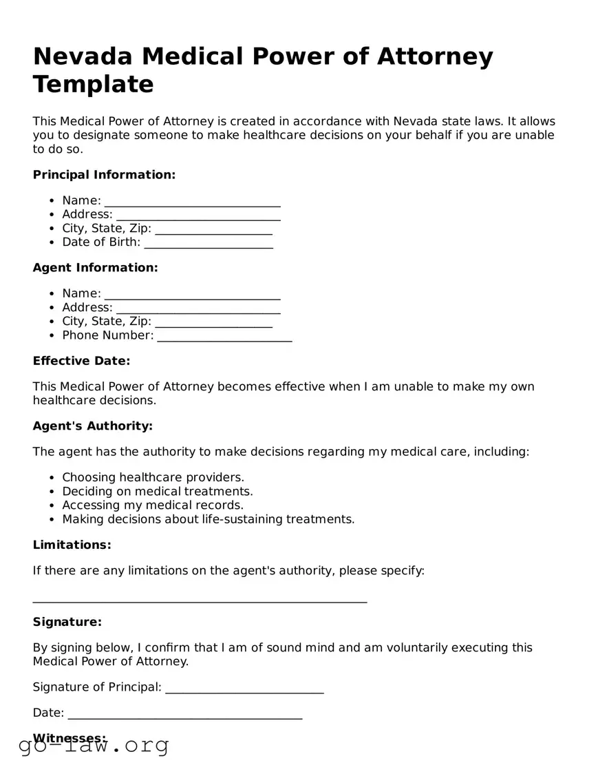 Fillable Nevada Medical Power of Attorney Form