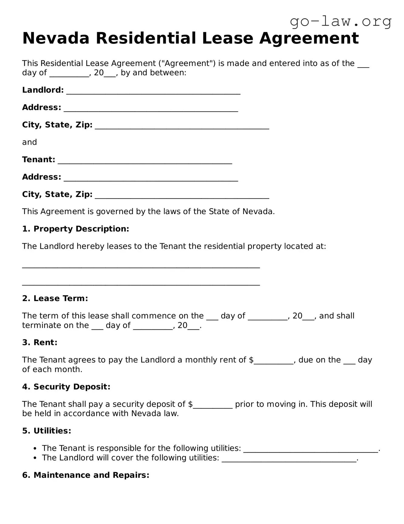 Fillable Nevada Residential Lease Agreement Form