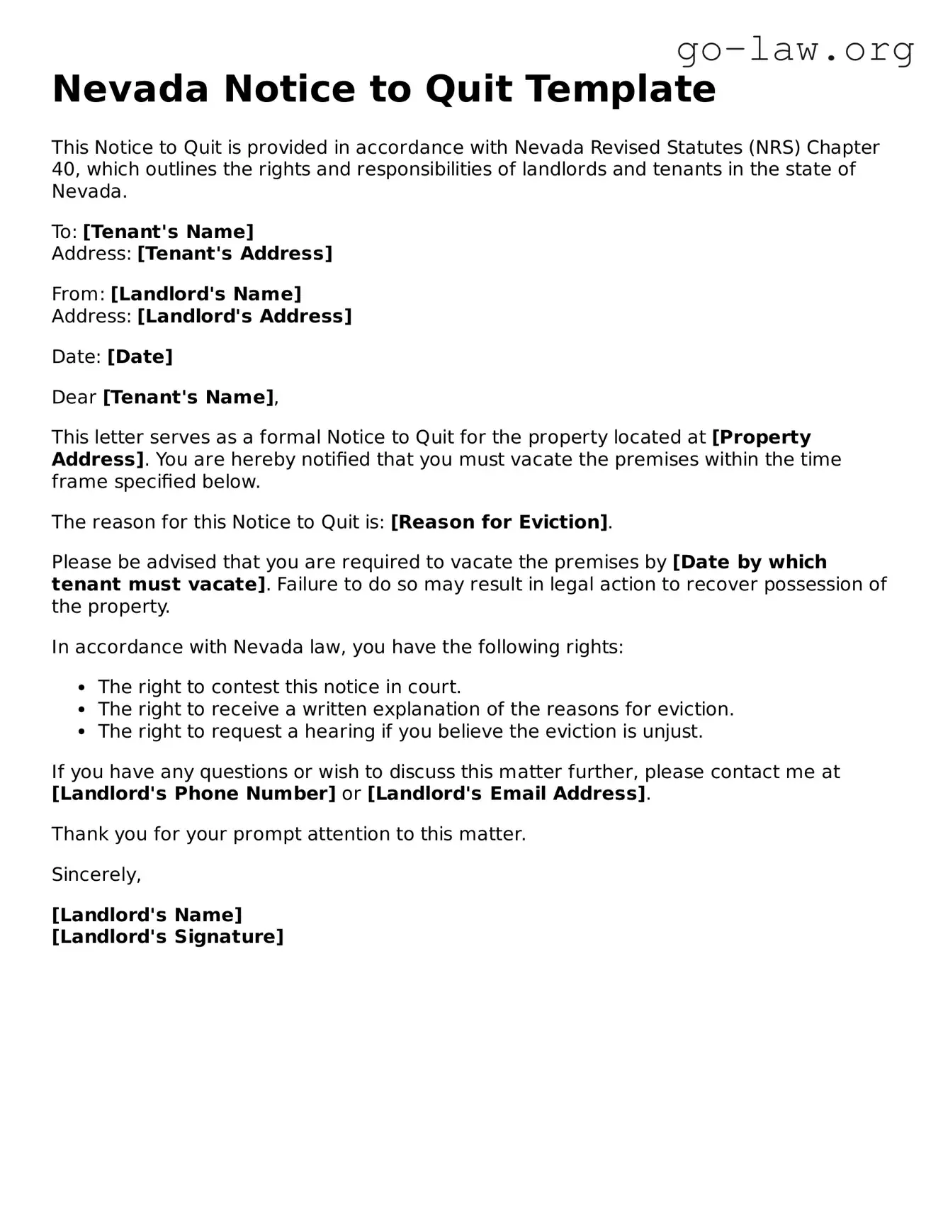 Fillable Nevada Notice to Quit Form