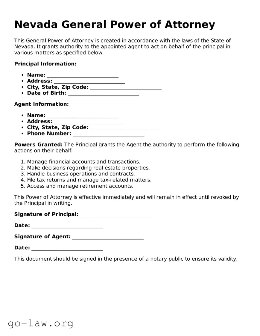 Fillable Nevada General Power of Attorney Form