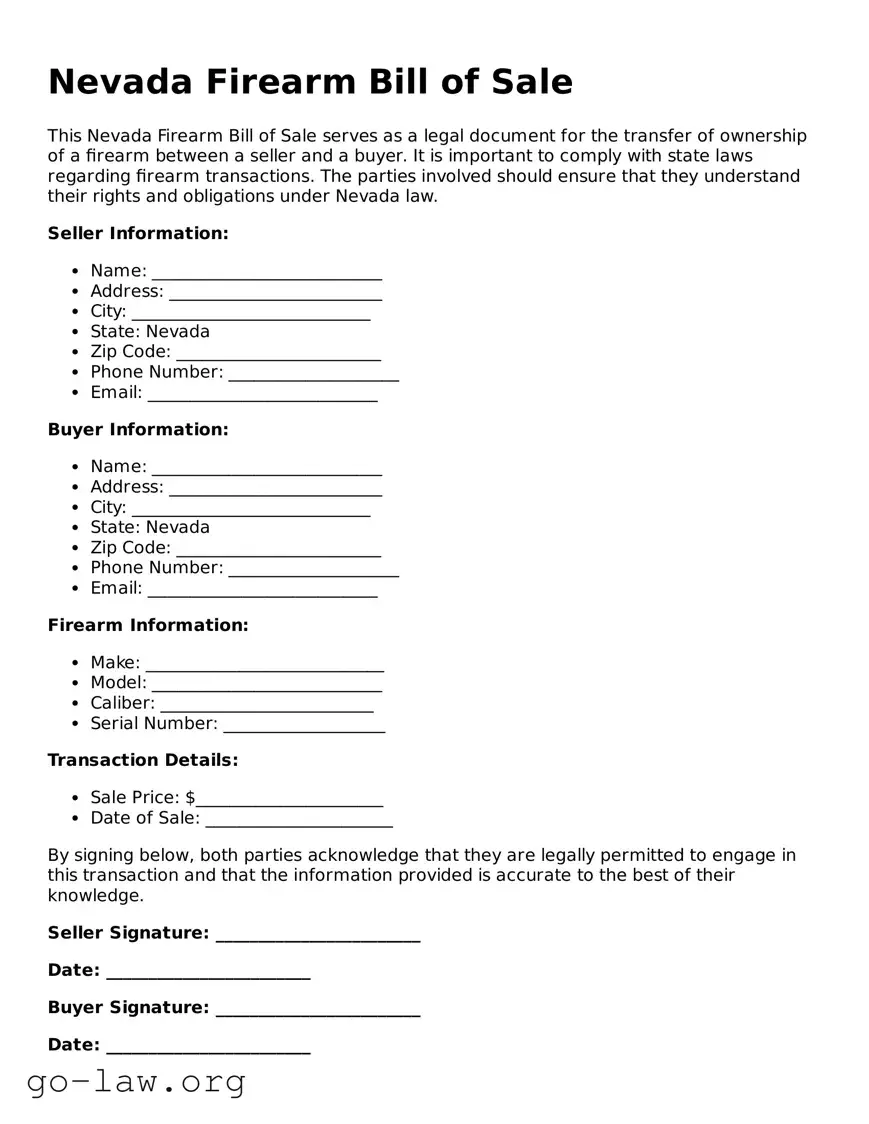 Fillable Nevada Firearm Bill of Sale Form
