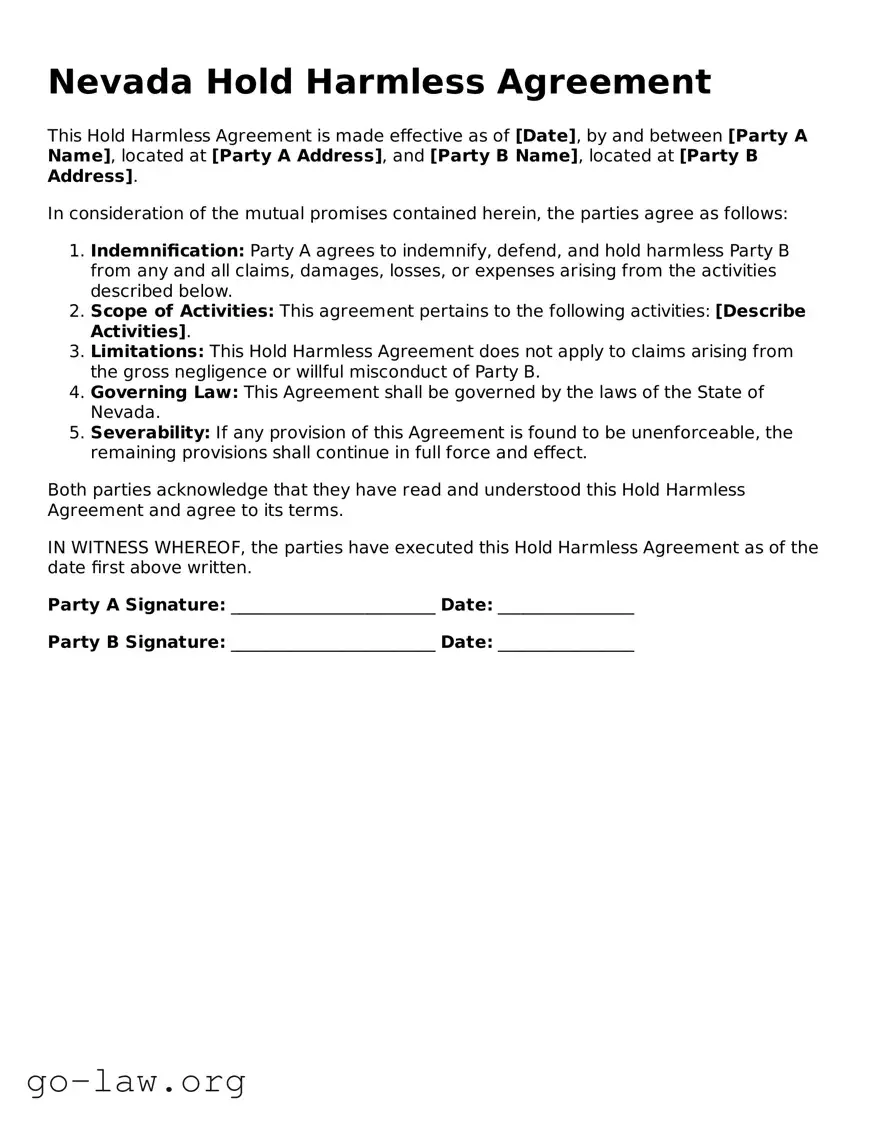 Fillable Nevada Hold Harmless Agreement Form