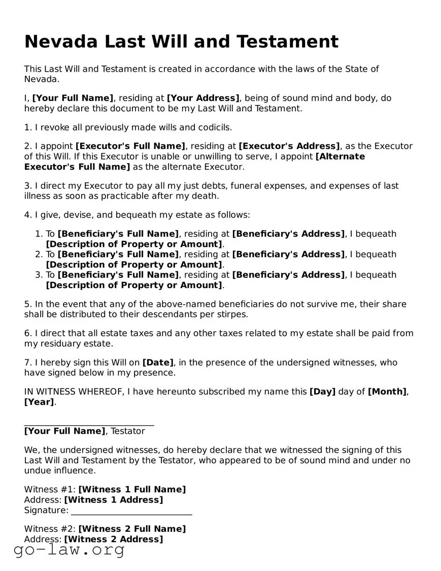 Fillable Nevada Last Will and Testament Form